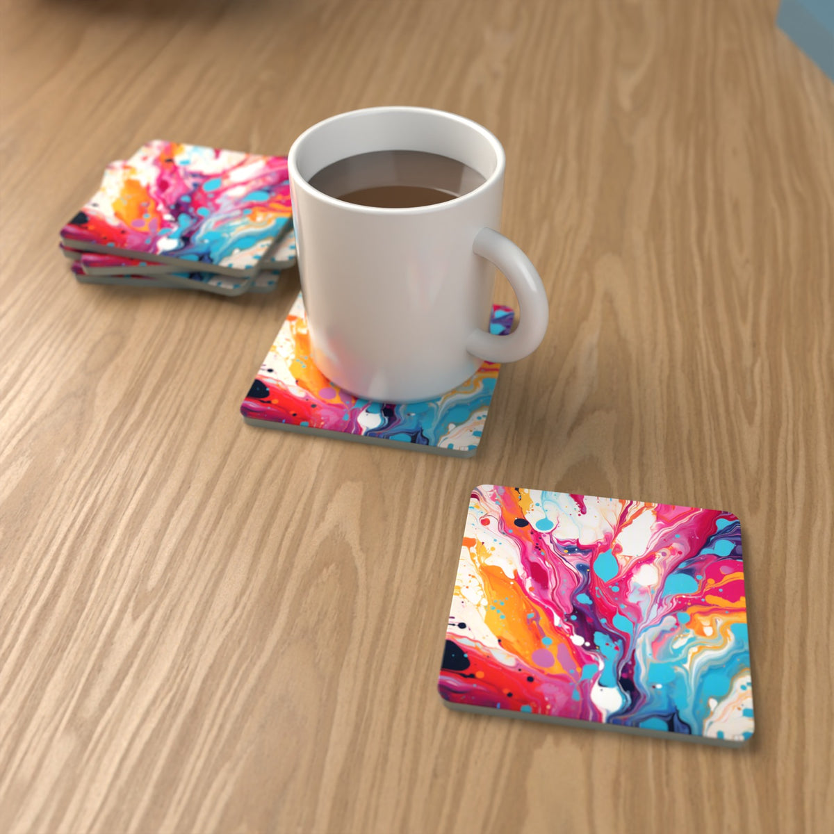 Magenta & Orange Paint Pour Square Glass Coasters – Set of 6 – lifestyle mockup with a mug of coffee