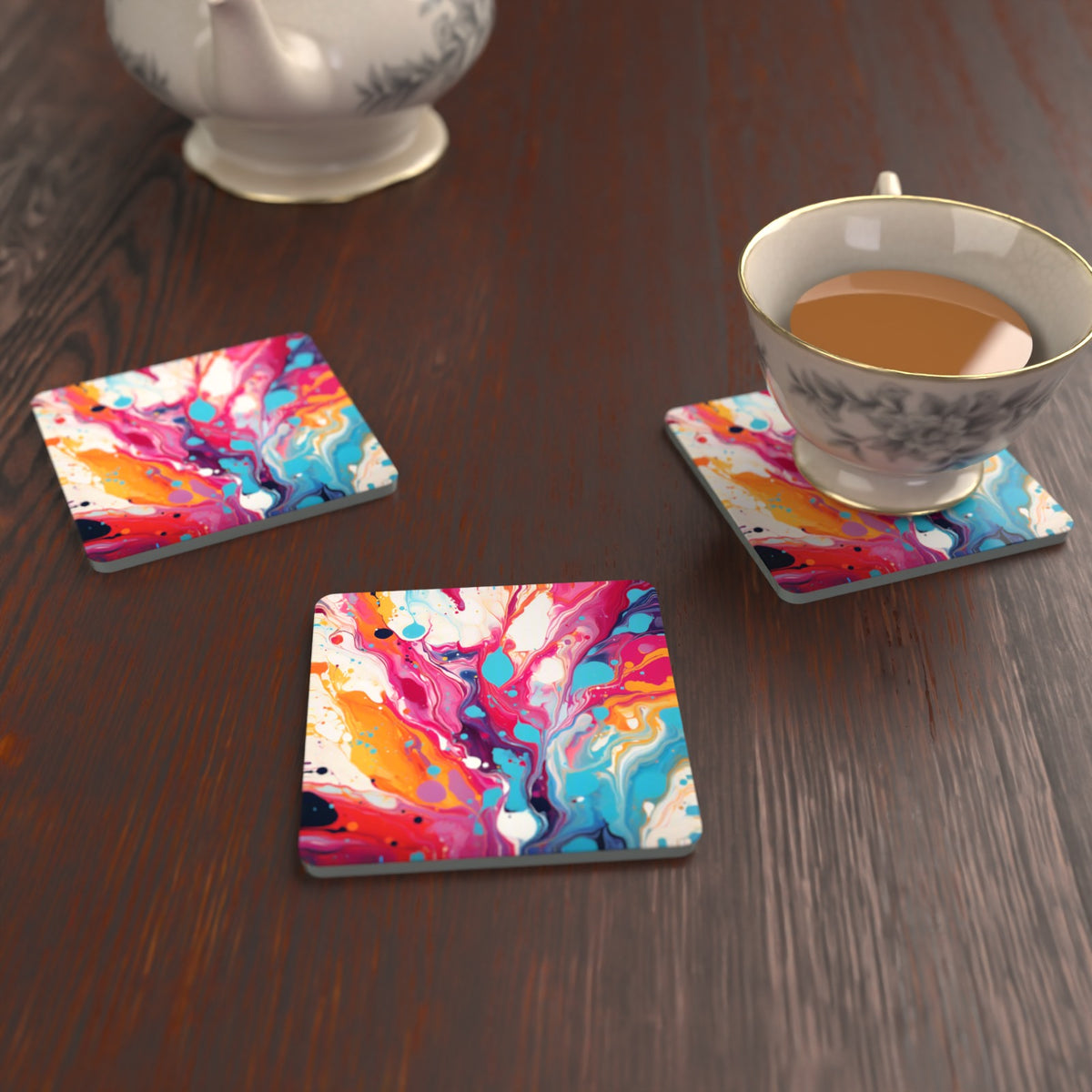 Magenta & Orange Paint Pour Square Glass Coasters – Set of 6 – lifestyle mockup with a teacup