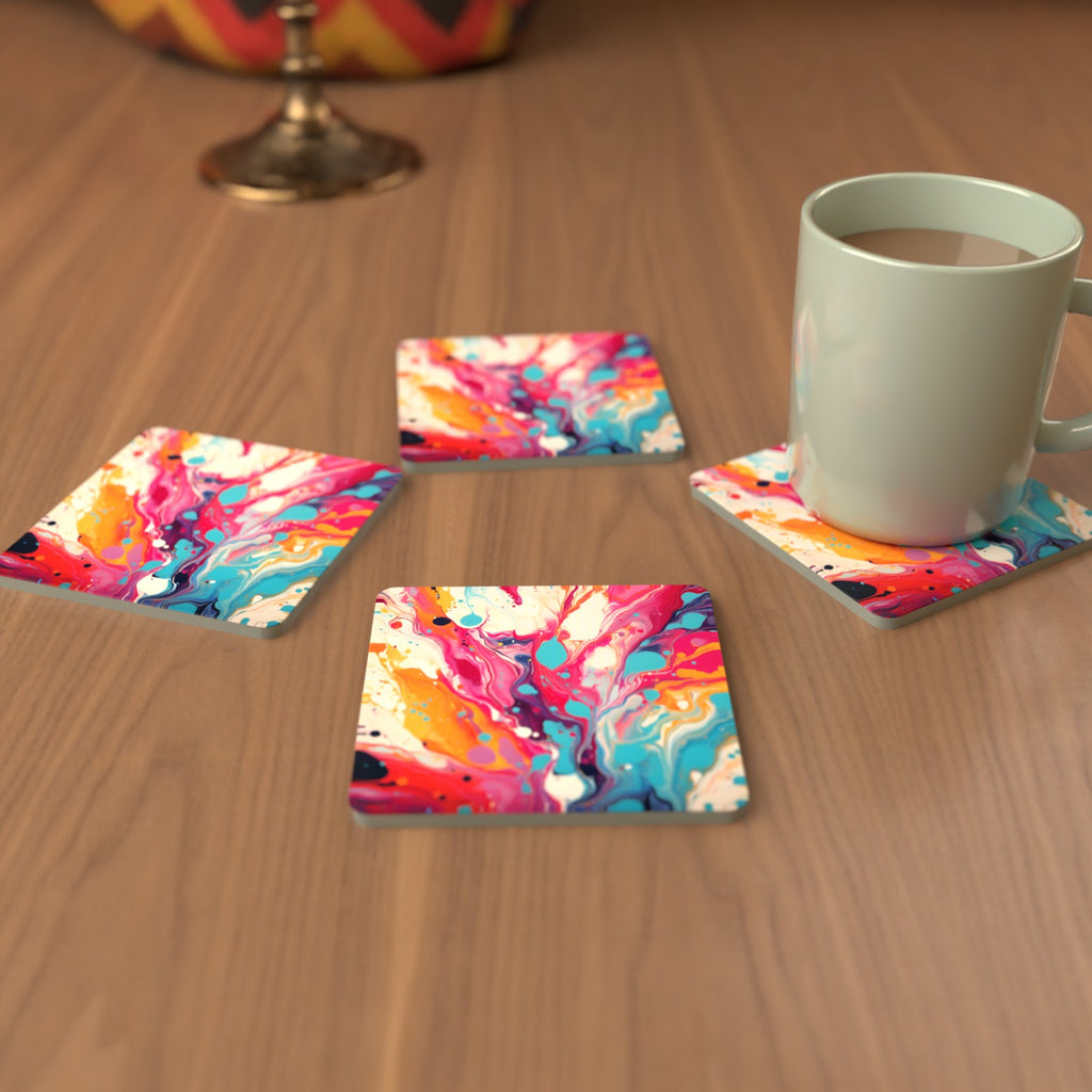 Magenta & Orange Paint Pour Square Glass Coasters – Set of 6 – cosy lifestyle mockup
