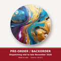 Blue & Gold Fluid Art round ceramic coaster set of 6 – pre-order / backorder, dispatching mid to late November 2026