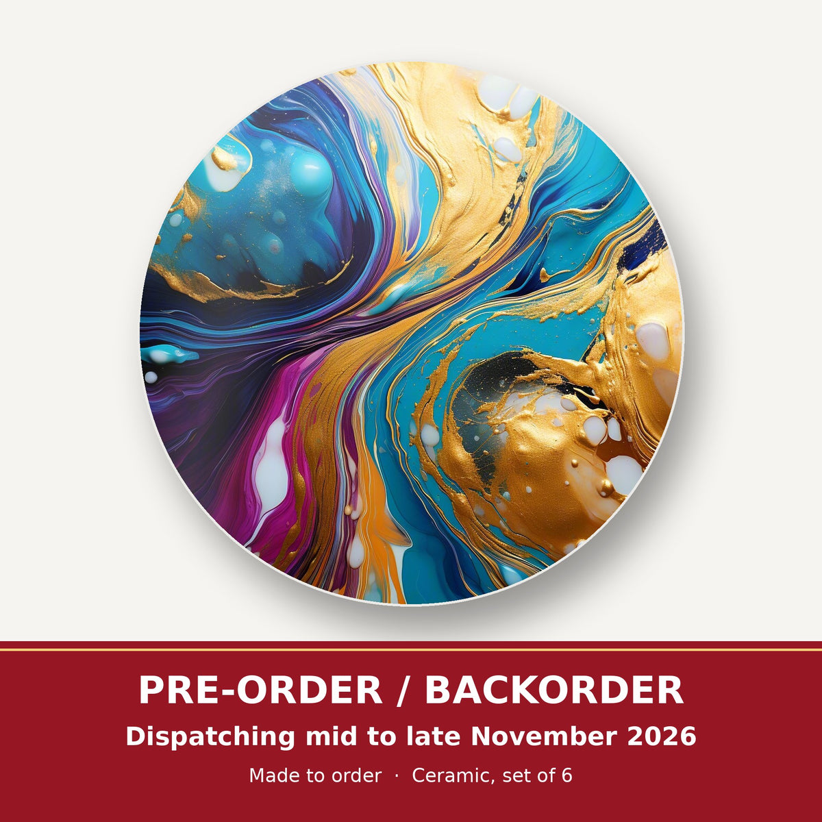 Blue & Gold Fluid Art round ceramic coaster set of 6 – pre-order / backorder, dispatching mid to late November 2026