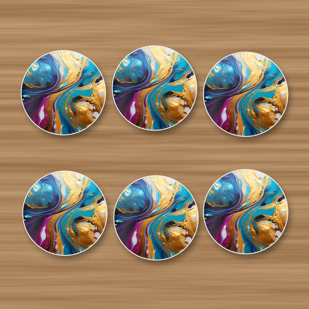 Blue & Gold Fluid Art round ceramic coasters, set of 6, on an oak coffee table