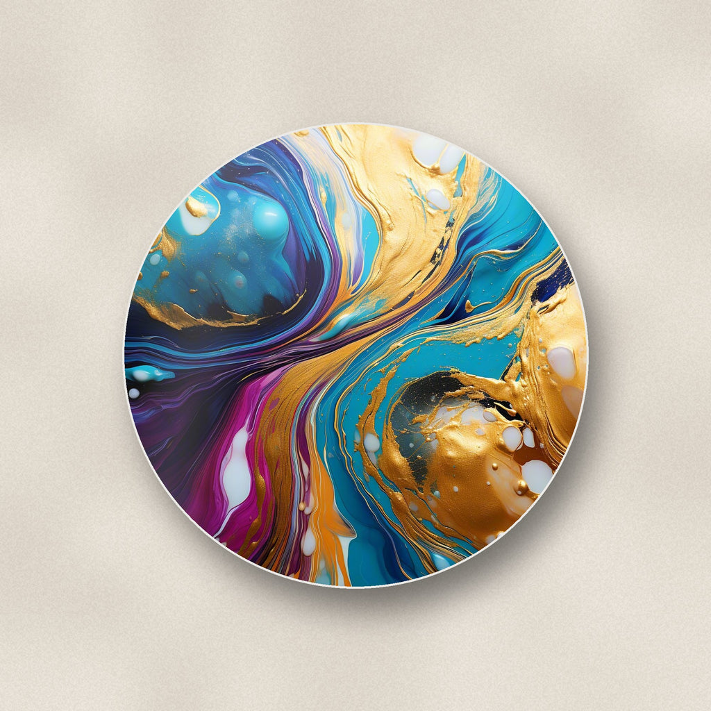 Close-up of one blue & gold fluid art round ceramic coaster, flat UV print