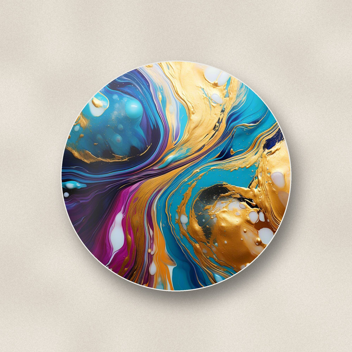 Close-up of one blue & gold fluid art round ceramic coaster, flat UV print