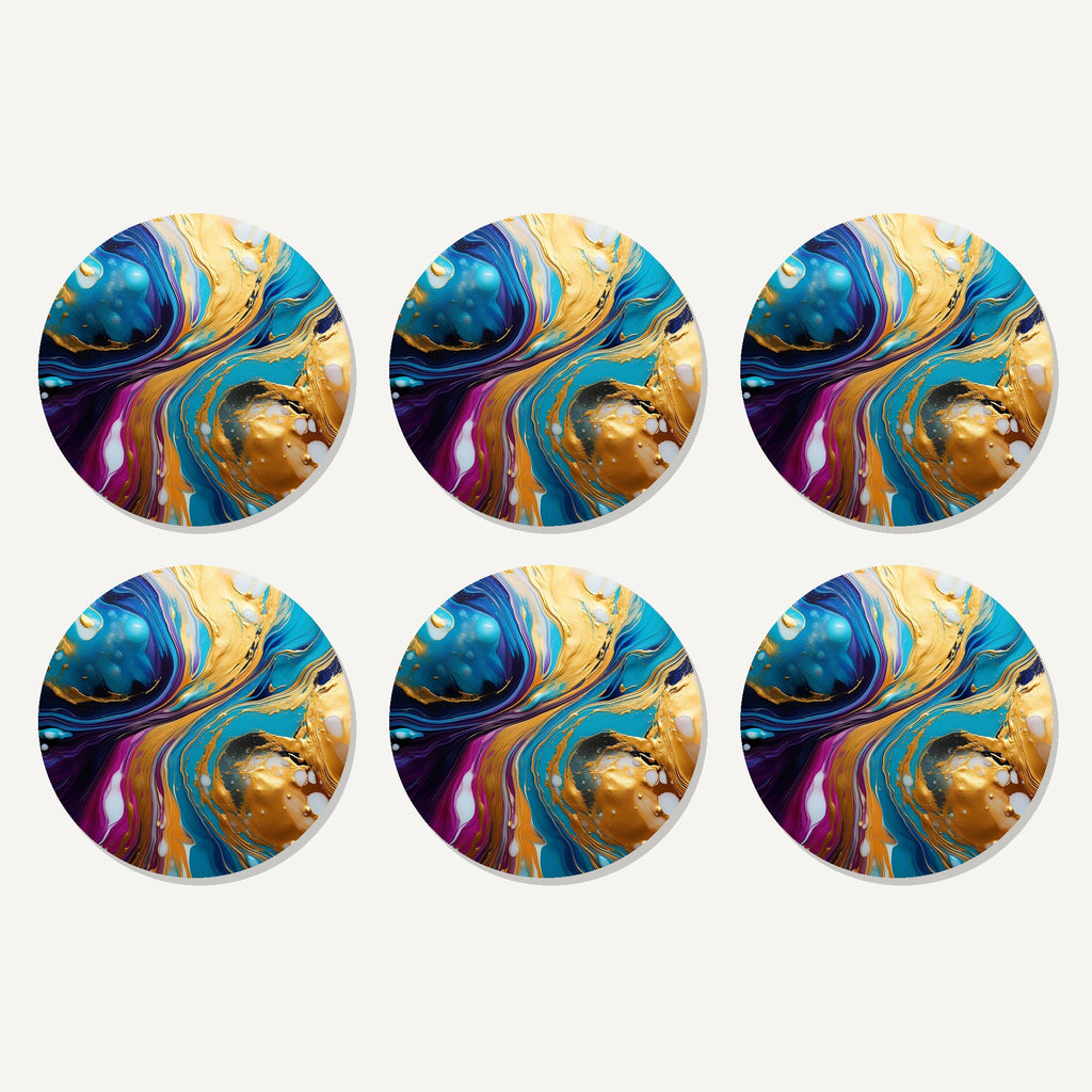 Flat lay of the blue & gold fluid art artwork on six round coasters