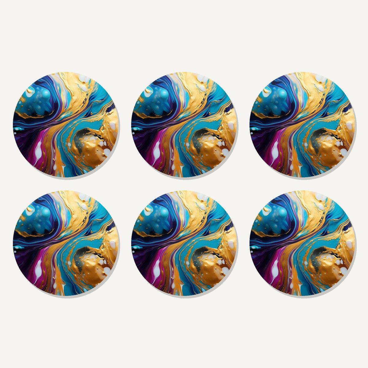 Flat lay of the blue & gold fluid art artwork on six round coasters