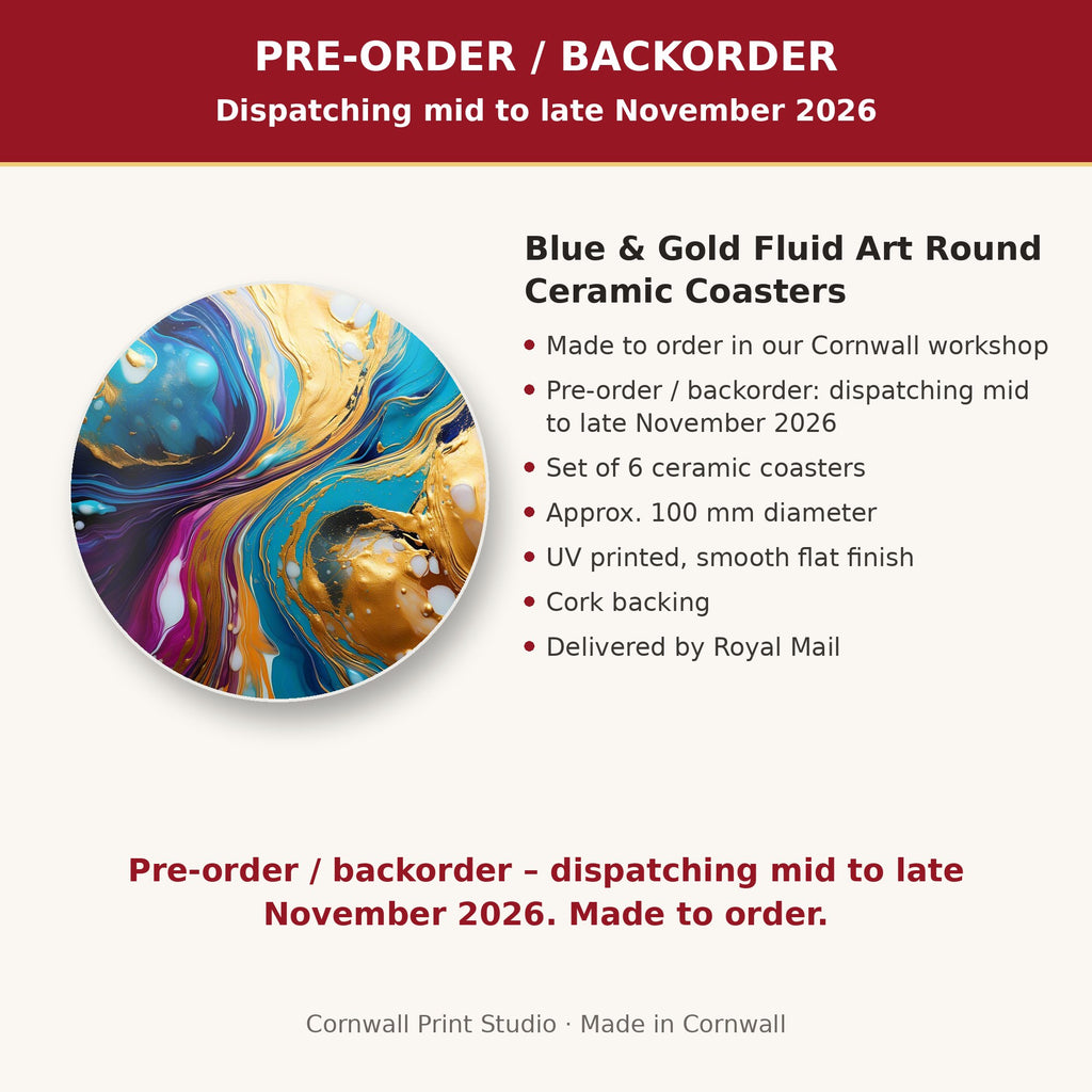 Info card: Blue & Gold Fluid Art Round Ceramic Coasters – Set of 6, made to order, dispatching mid to late November 2026, delivered by Royal Mail
