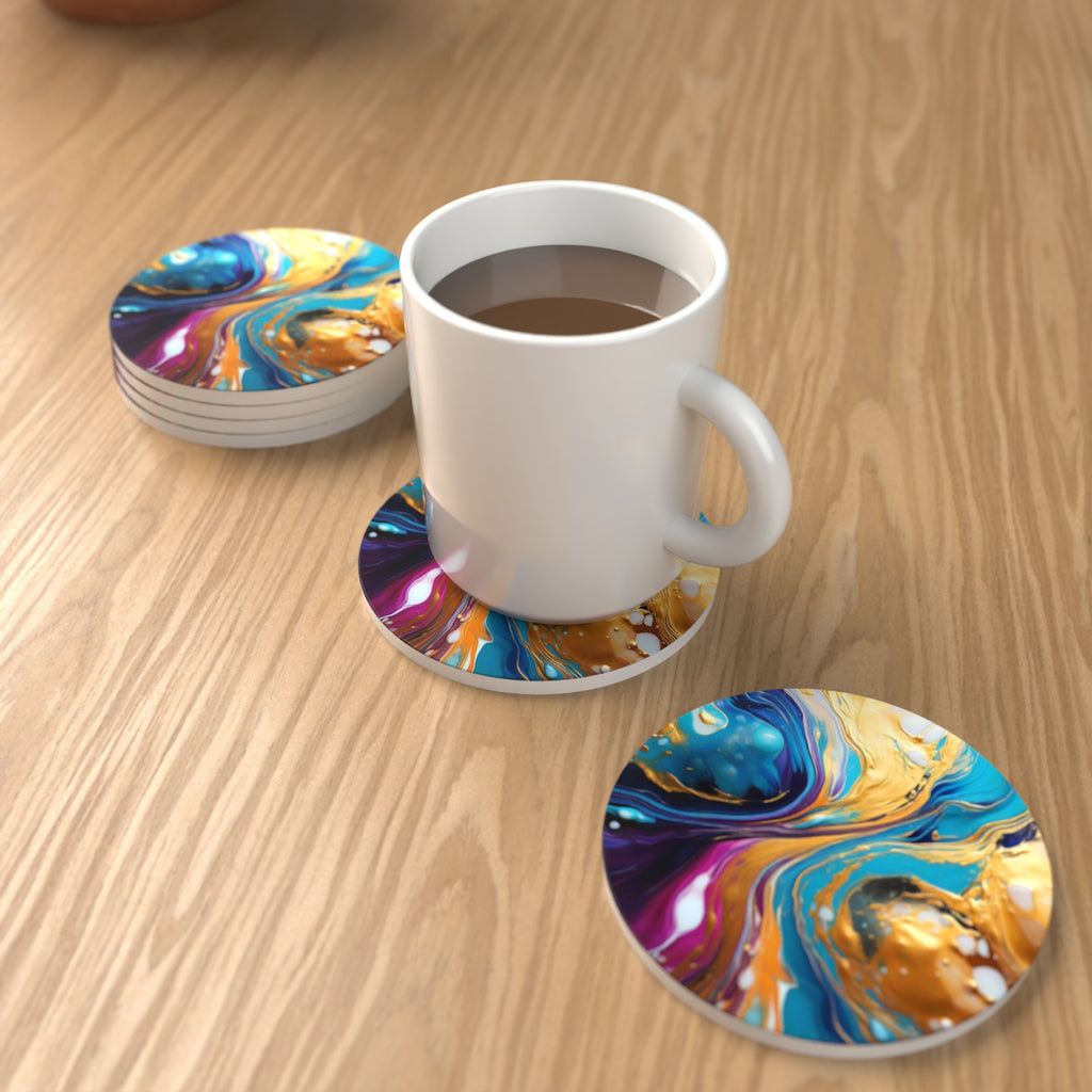 Blue & Gold Fluid Art Round Ceramic Coasters – Set of 6 – lifestyle mockup with a mug of coffee