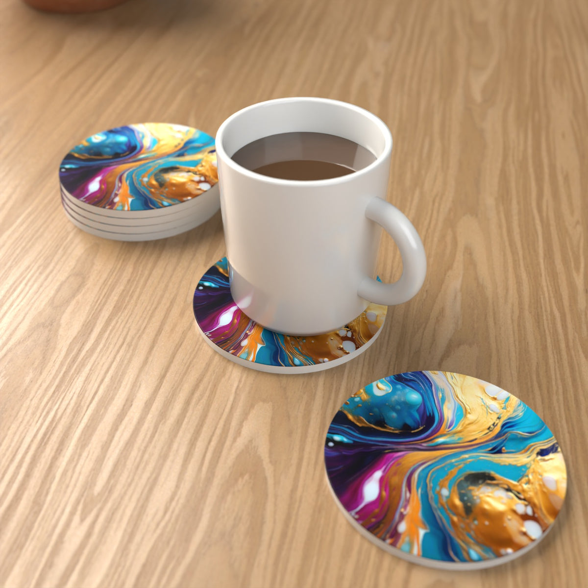 Blue & Gold Fluid Art Round Ceramic Coasters – Set of 6 – lifestyle mockup with a mug of coffee
