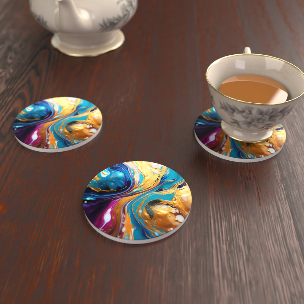 Blue & Gold Fluid Art Round Ceramic Coasters – Set of 6 – lifestyle mockup with a teacup