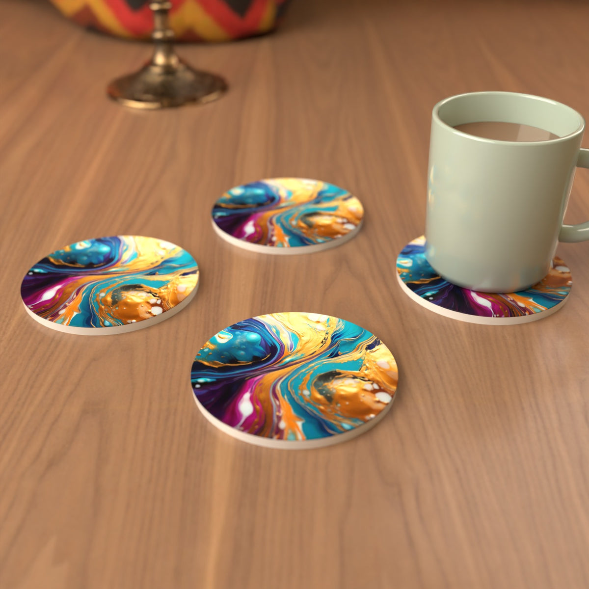 Blue & Gold Fluid Art Round Ceramic Coasters – Set of 6 – cosy lifestyle mockup