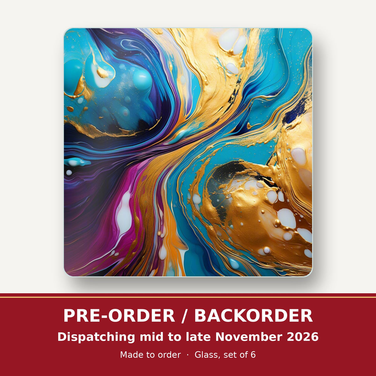 Blue & Gold Fluid Art square glass coaster set of 6 – pre-order / backorder, dispatching mid to late November 2026