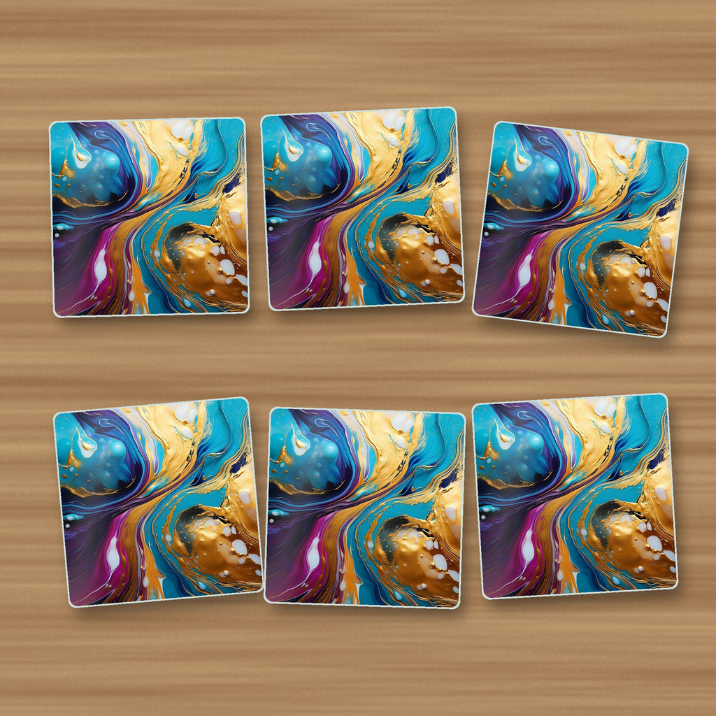 Blue & Gold Fluid Art square glass coasters, set of 6, on an oak coffee table