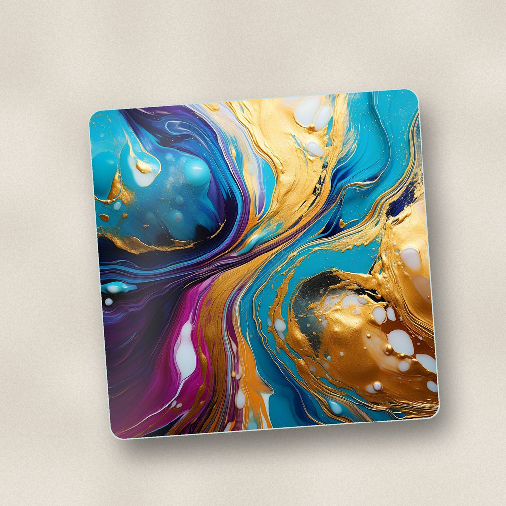 Close-up of one blue & gold fluid art square glass coaster, flat UV print