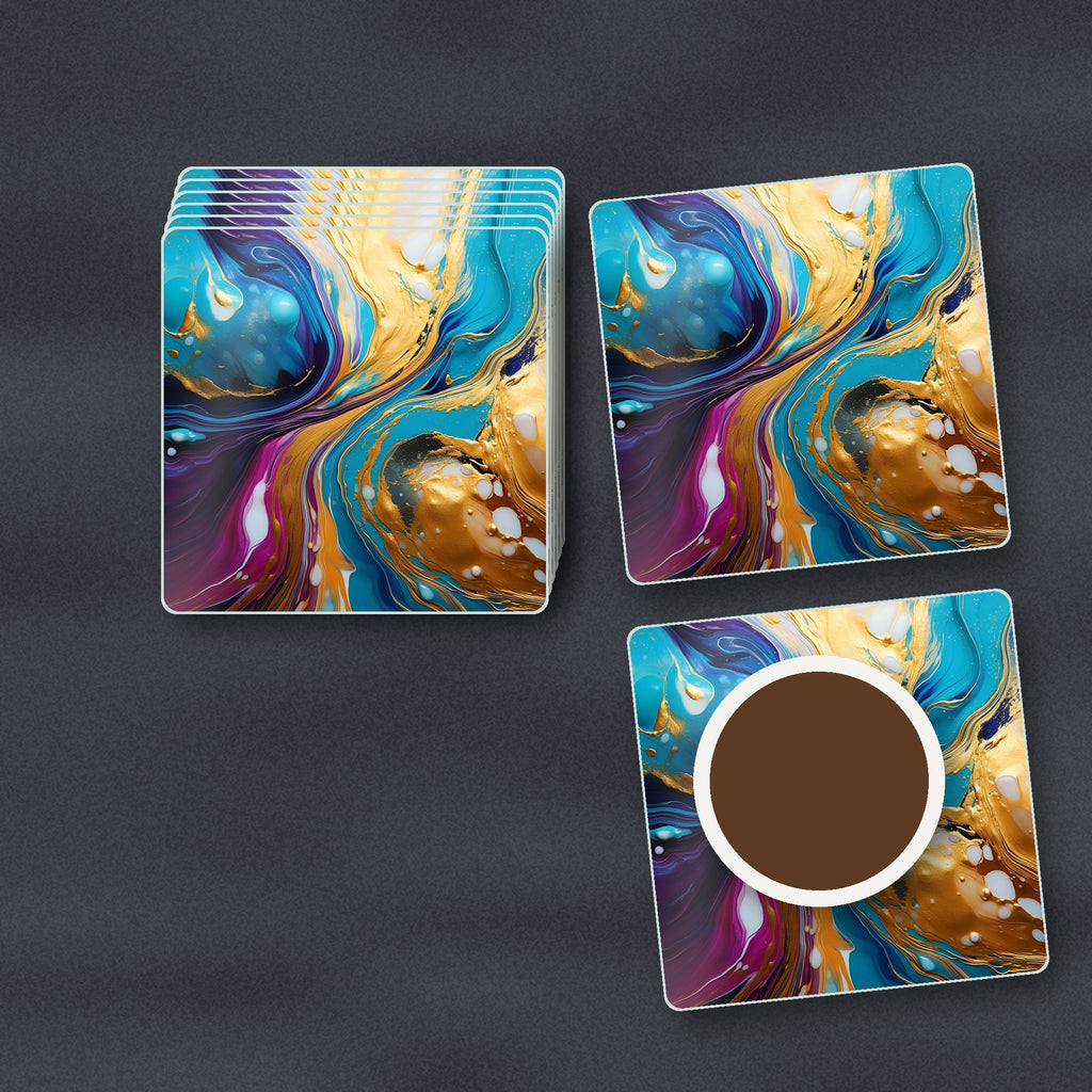 Blue & Gold Fluid Art square glass coasters stacked on a slate kitchen worktop