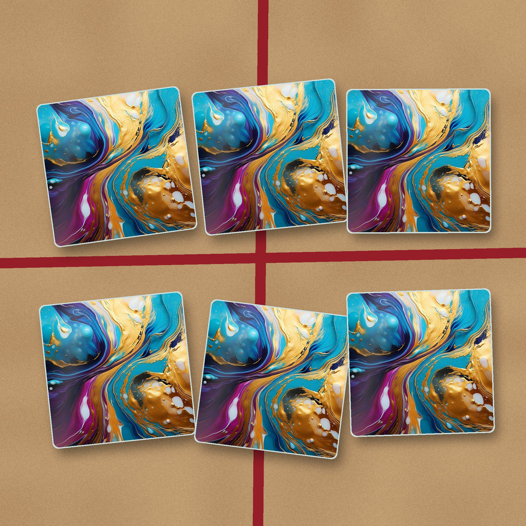 Blue & Gold Fluid Art square glass coasters on kraft gift wrap