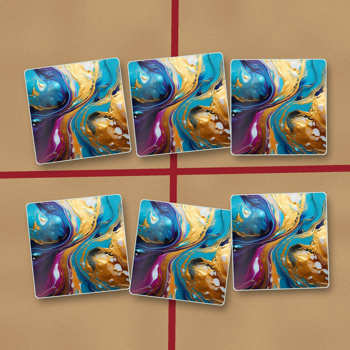 Blue & Gold Fluid Art square glass coasters on kraft gift wrap