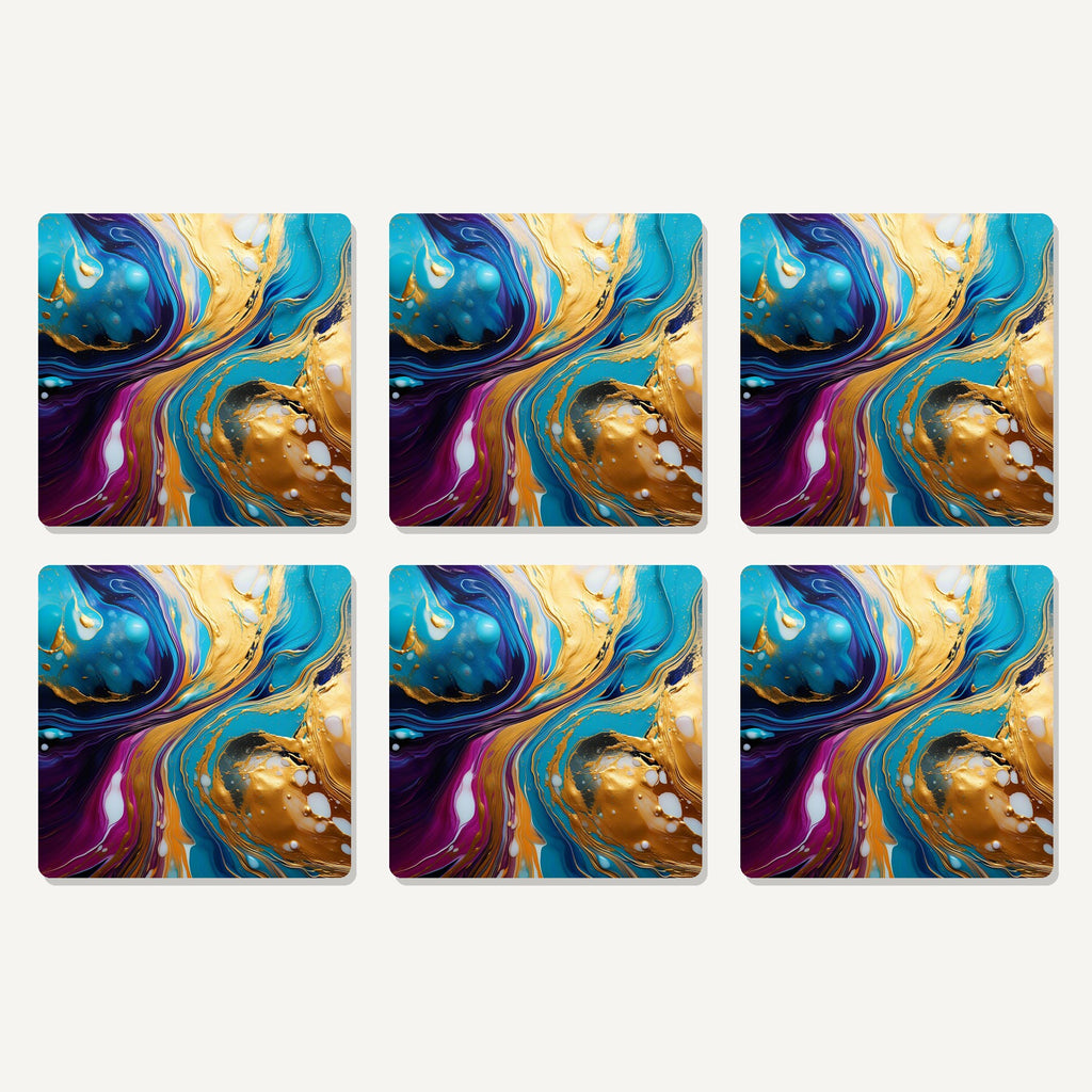 Flat lay of the blue & gold fluid art artwork on six square coasters