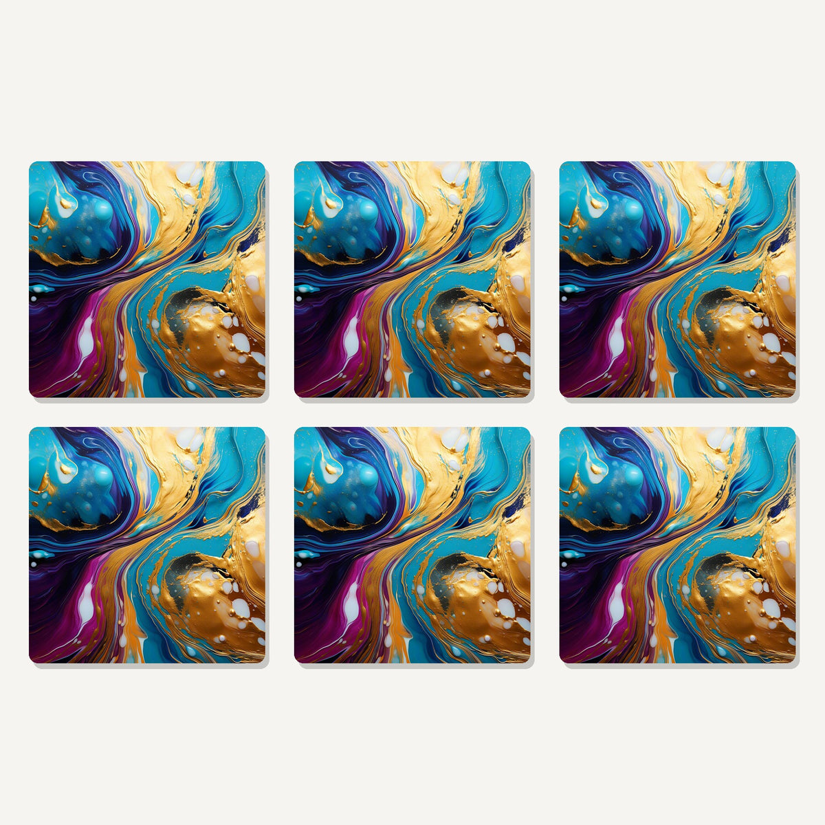 Flat lay of the blue & gold fluid art artwork on six square coasters