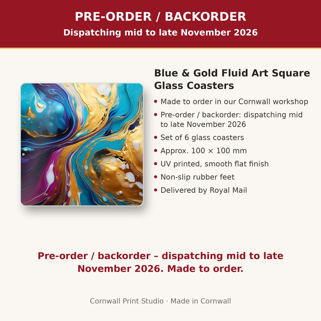 Info card: Blue & Gold Fluid Art Square Glass Coasters – Set of 6, made to order, dispatching mid to late November 2026, delivered by Royal Mail