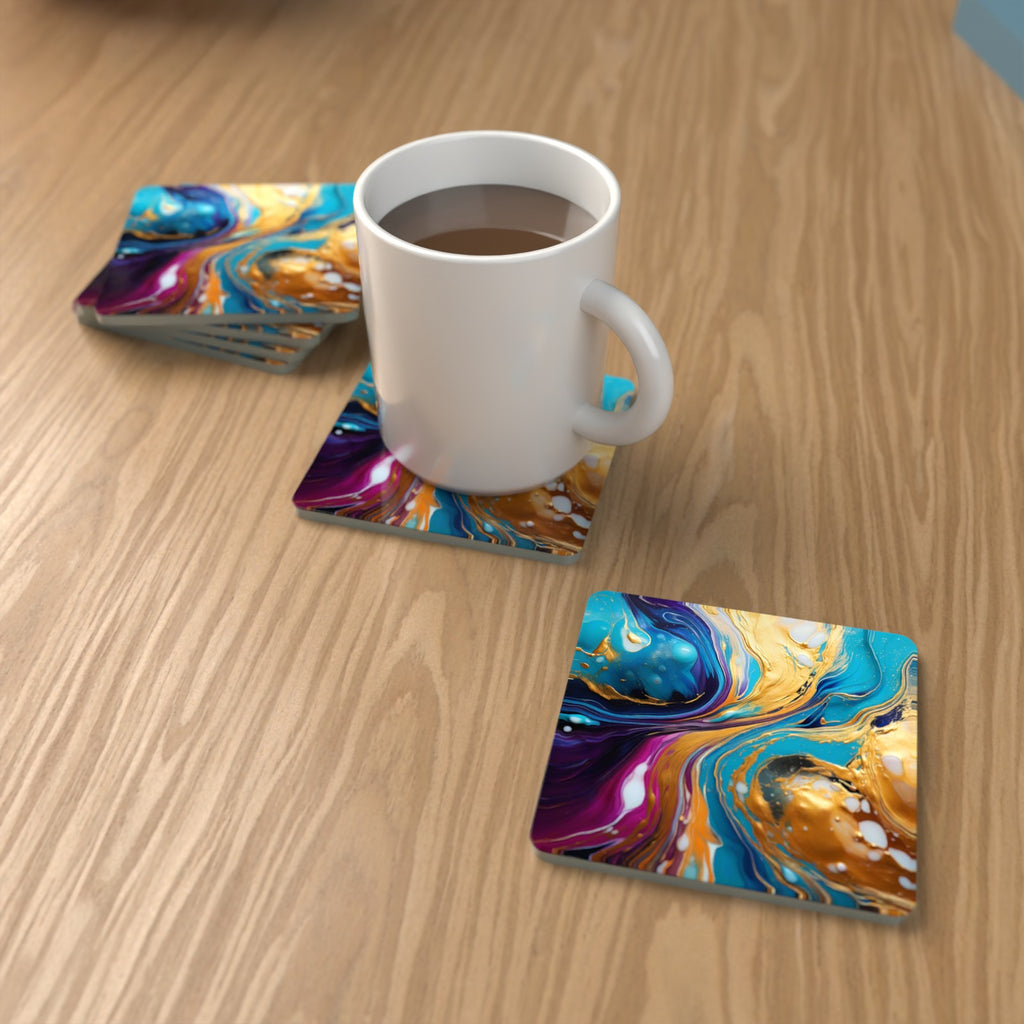 Blue & Gold Fluid Art Square Glass Coasters – Set of 6 – lifestyle mockup with a mug of coffee