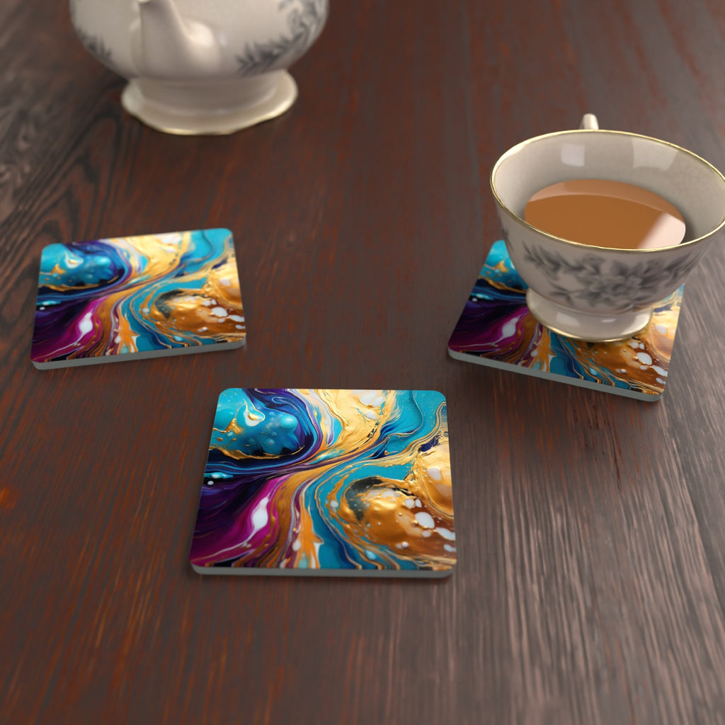 Blue & Gold Fluid Art Square Glass Coasters – Set of 6 – lifestyle mockup with a teacup