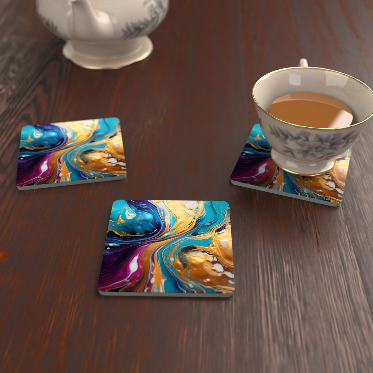 Blue & Gold Fluid Art Square Glass Coasters – Set of 6 – lifestyle mockup with a teacup