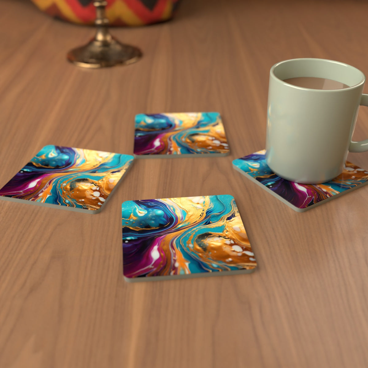 Blue & Gold Fluid Art Square Glass Coasters – Set of 6 – cosy lifestyle mockup