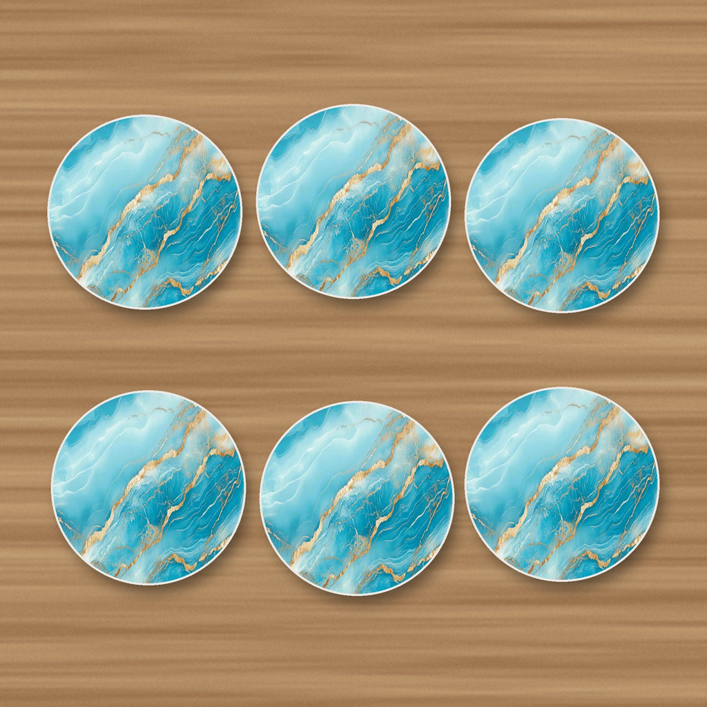 Turquoise & Gold Marble round ceramic coasters, set of 6, on an oak coffee table