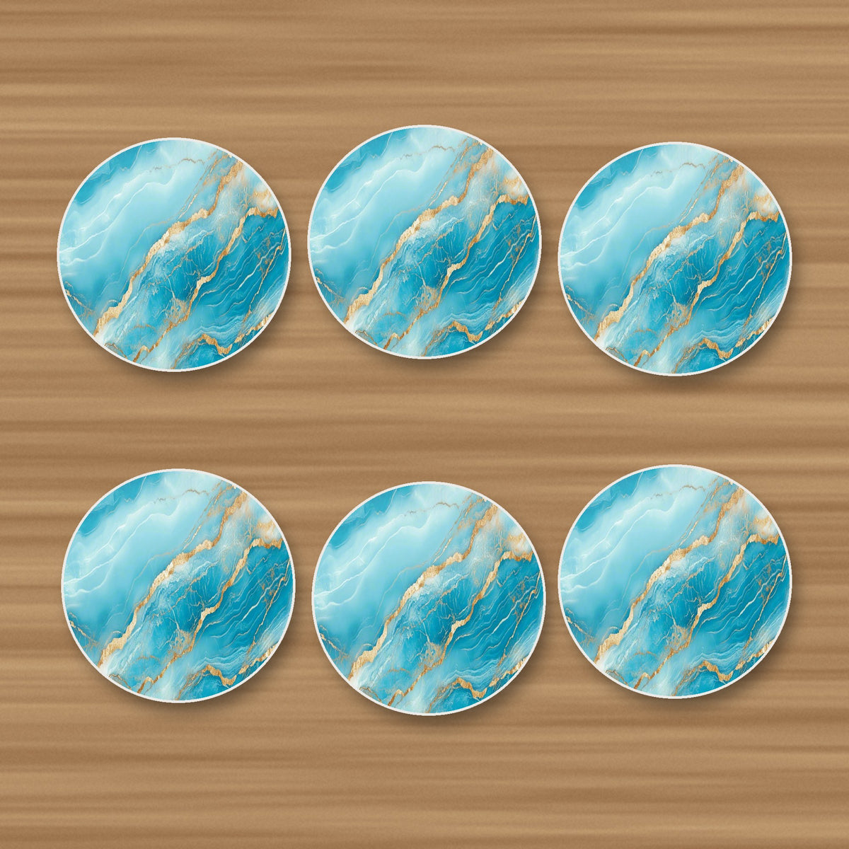 Turquoise & Gold Marble round ceramic coasters, set of 6, on an oak coffee table