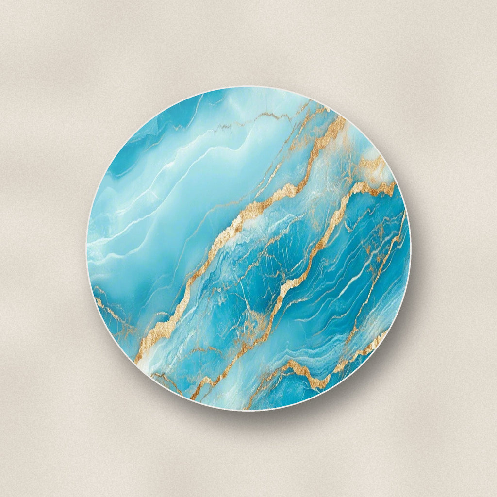 Close-up of one turquoise & gold marble round ceramic coaster, flat UV print