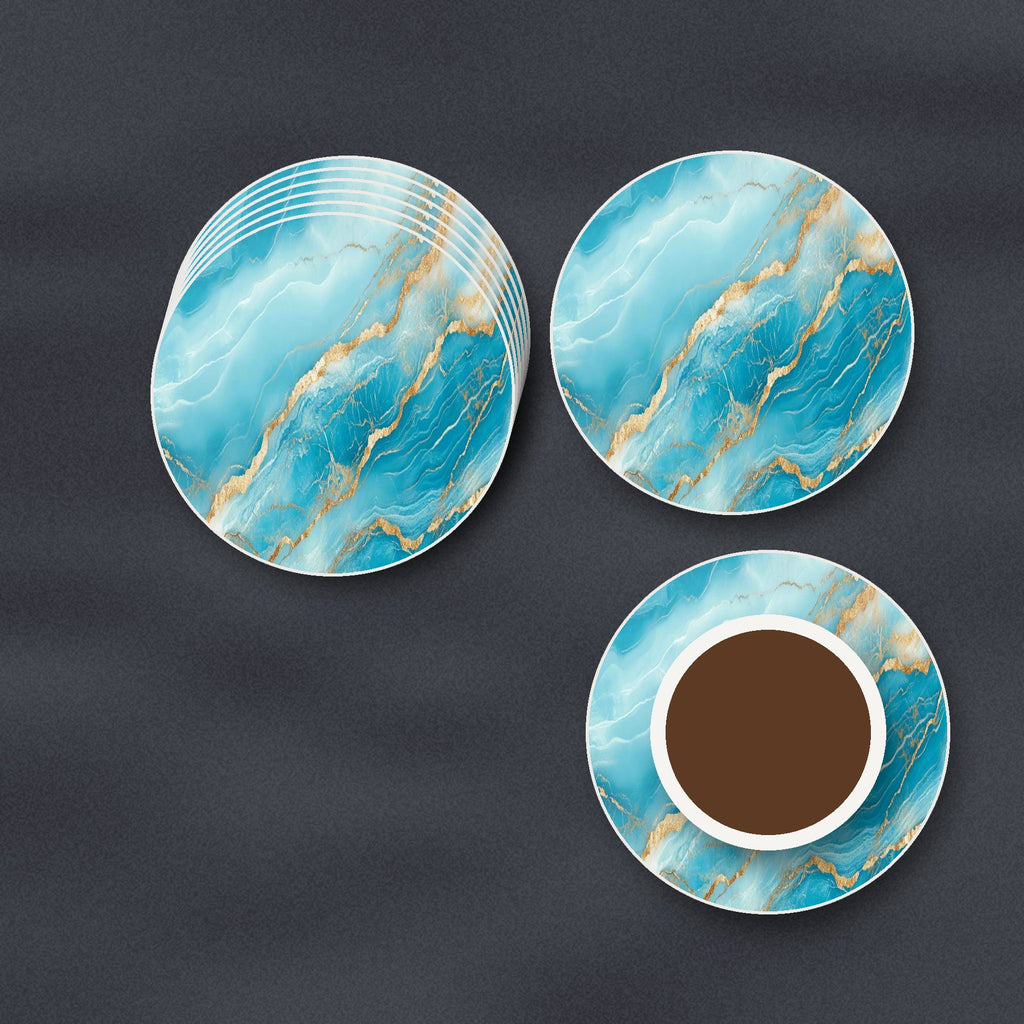 Turquoise & Gold Marble round ceramic coasters stacked on a slate kitchen worktop