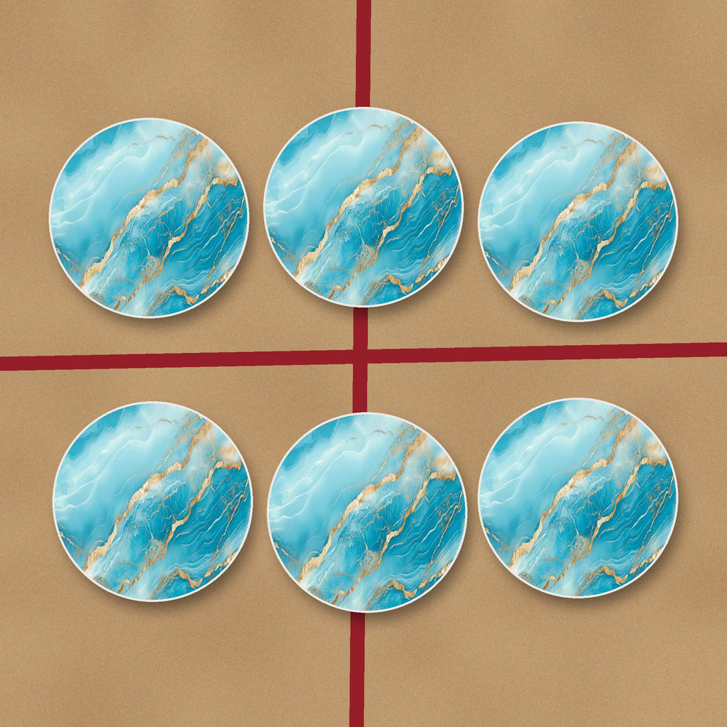 Turquoise & Gold Marble round ceramic coasters on kraft gift wrap
