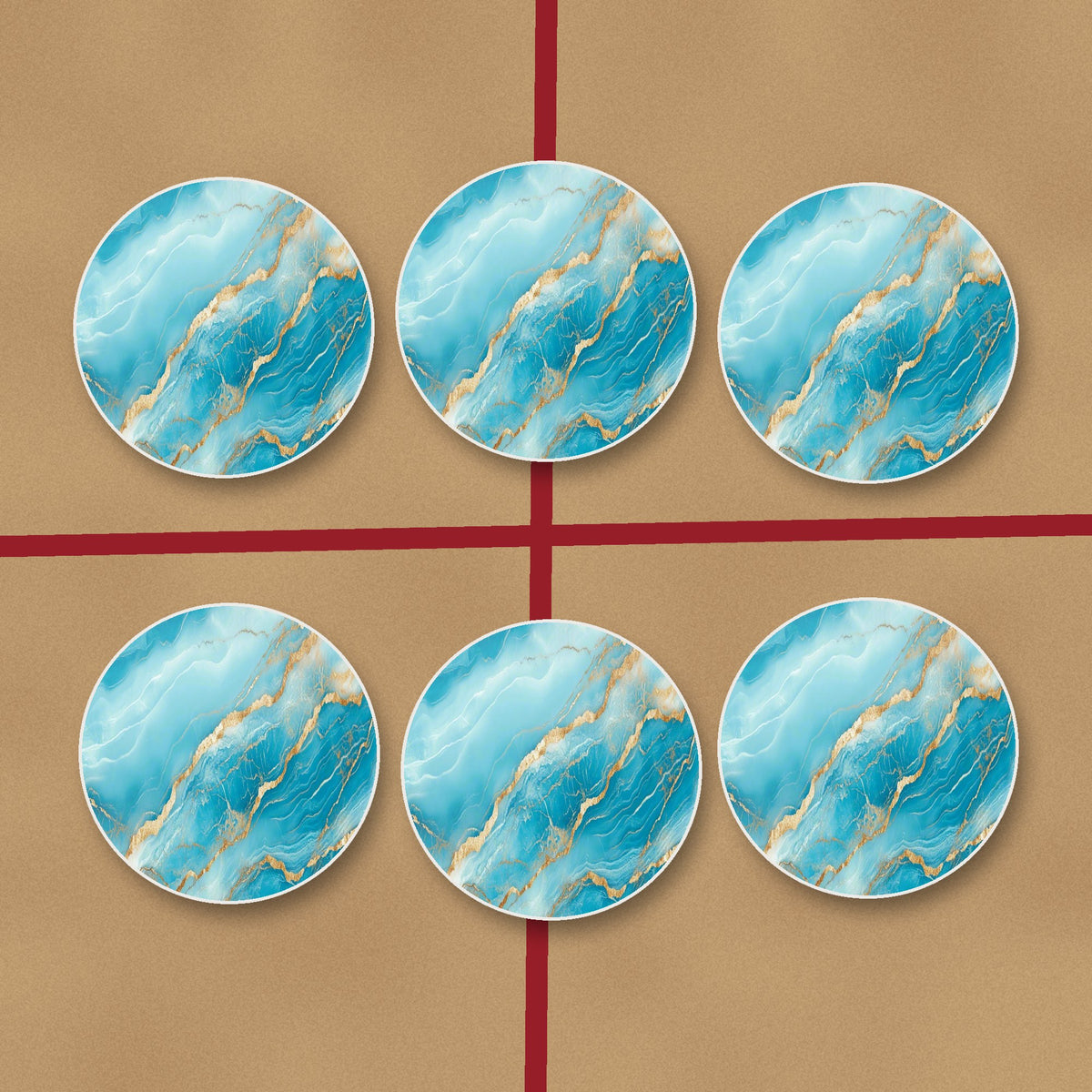 Turquoise & Gold Marble round ceramic coasters on kraft gift wrap