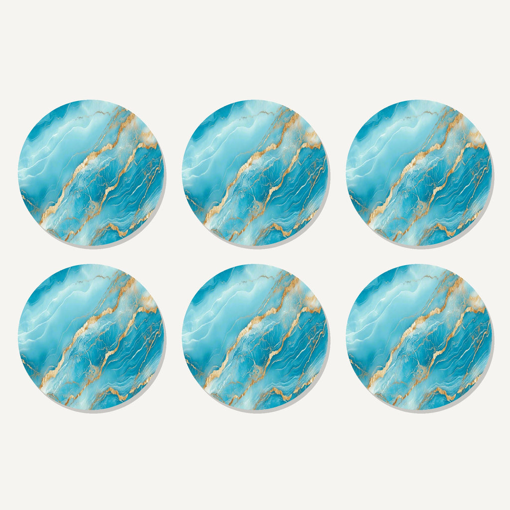Flat lay of the turquoise & gold marble artwork on six round coasters