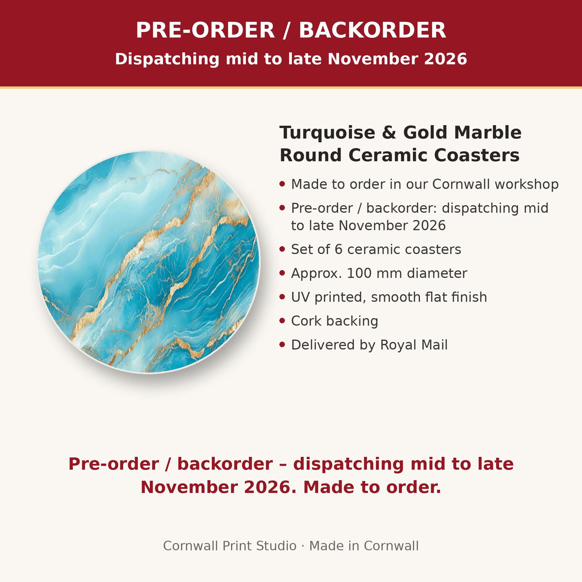 Info card: Turquoise & Gold Marble Round Ceramic Coasters – Set of 6, made to order, dispatching mid to late November 2026, delivered by Royal Mail