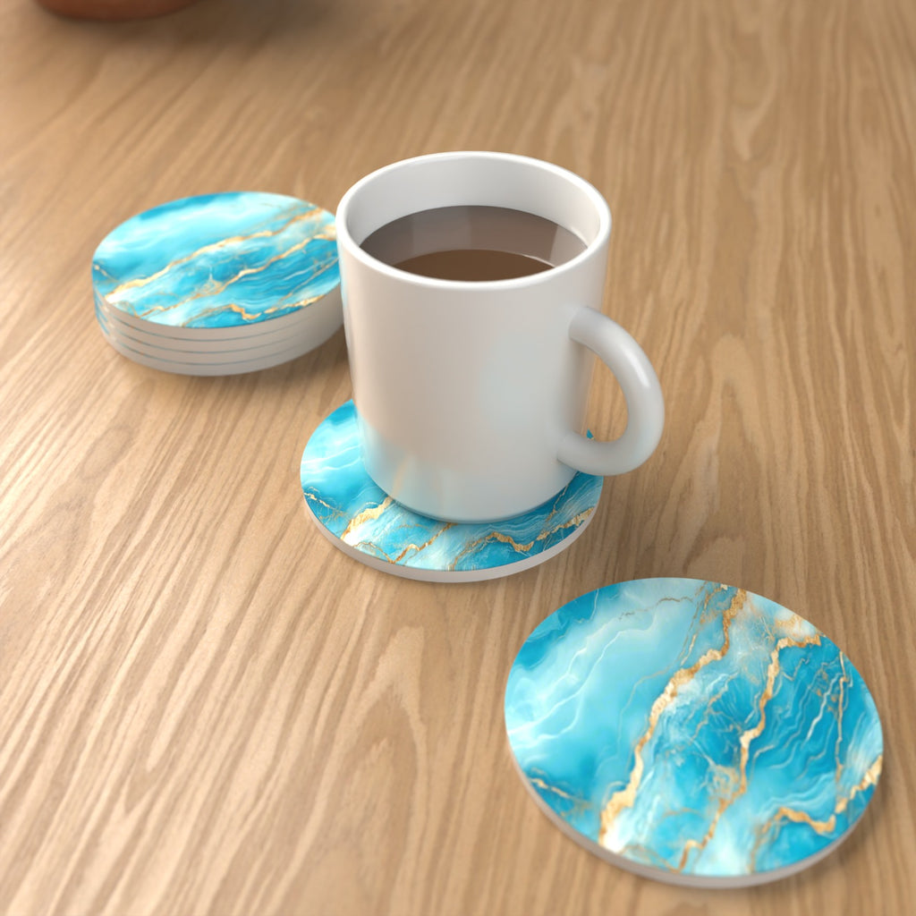 Turquoise & Gold Marble Round Ceramic Coasters – Set of 6 – lifestyle mockup with a mug of coffee