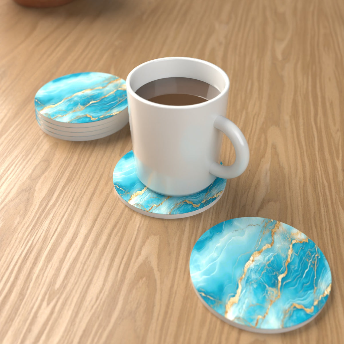 Turquoise & Gold Marble Round Ceramic Coasters – Set of 6 – lifestyle mockup with a mug of coffee