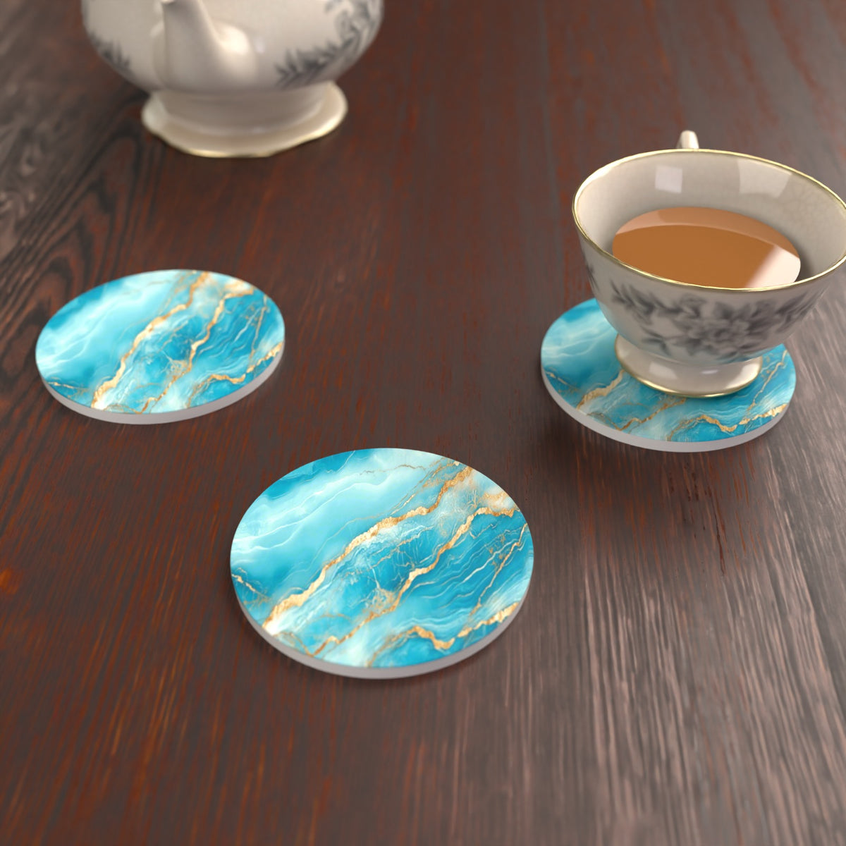 Turquoise & Gold Marble Round Ceramic Coasters – Set of 6 – lifestyle mockup with a teacup