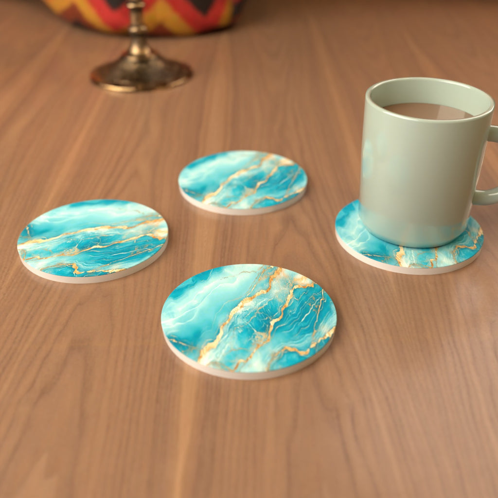 Turquoise & Gold Marble Round Ceramic Coasters – Set of 6 – cosy lifestyle mockup