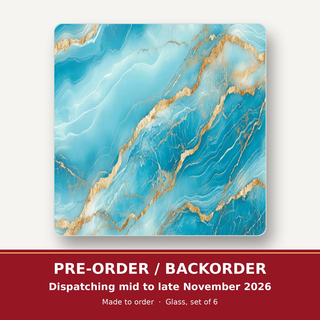 Turquoise & Gold Marble square glass coaster set of 6 – pre-order / backorder, dispatching mid to late November 2026