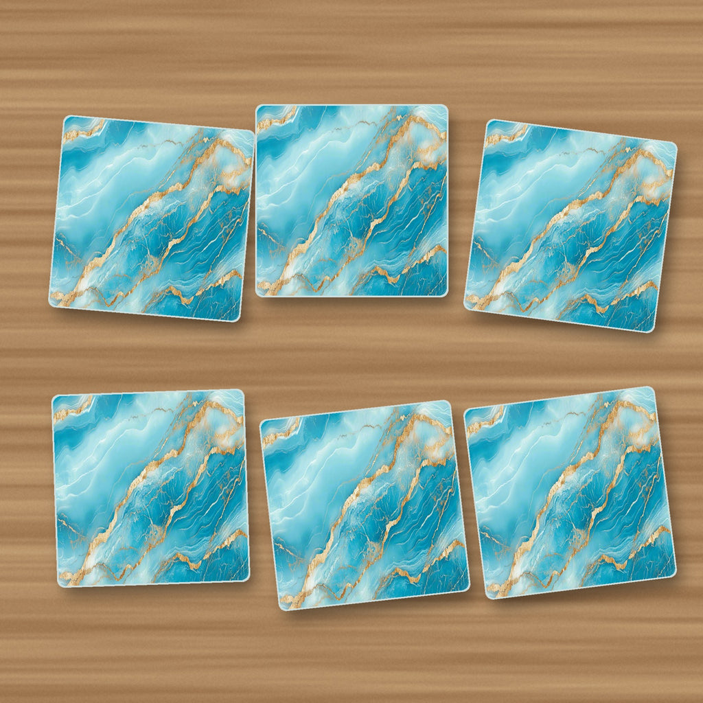 Turquoise & Gold Marble square glass coasters, set of 6, on an oak coffee table