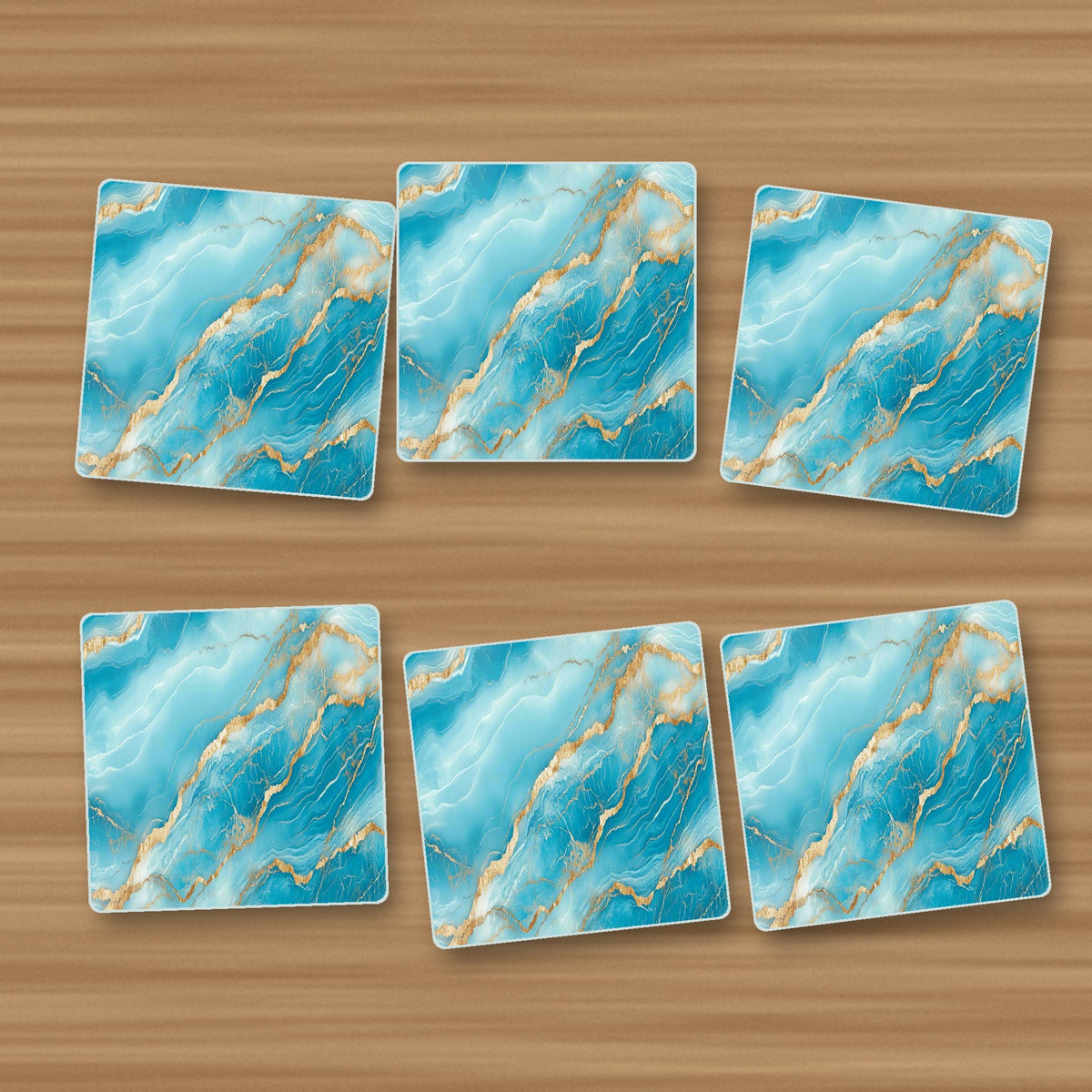 Turquoise & Gold Marble square glass coasters, set of 6, on an oak coffee table