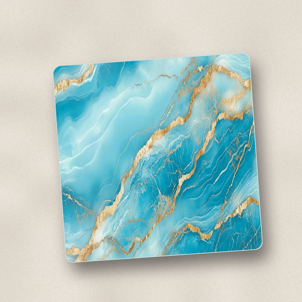 Close-up of one turquoise & gold marble square glass coaster, flat UV print
