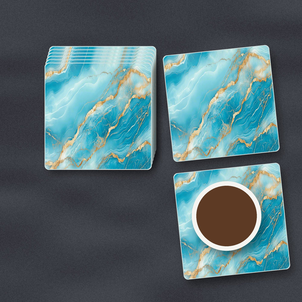 Turquoise & Gold Marble square glass coasters stacked on a slate kitchen worktop