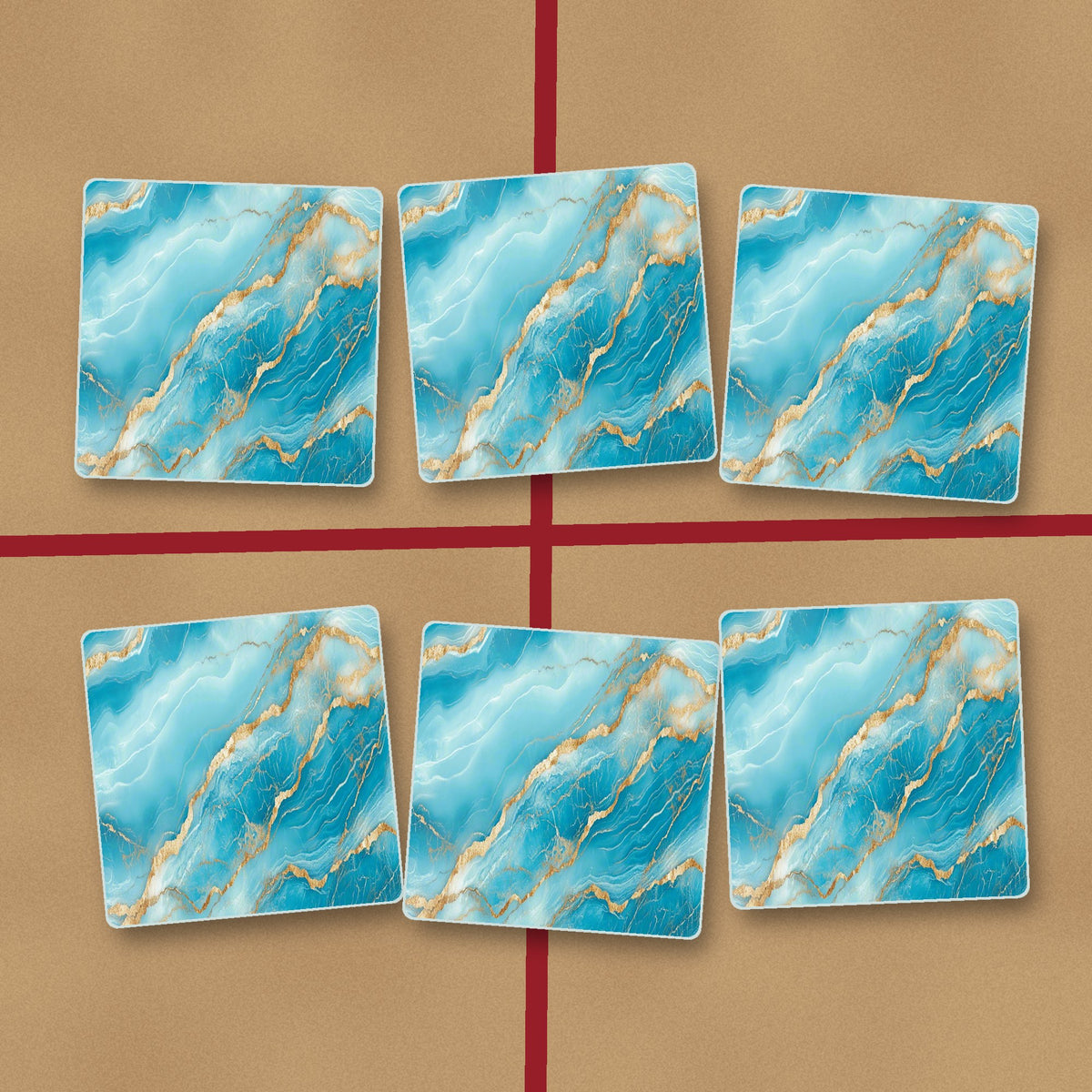Turquoise & Gold Marble square glass coasters on kraft gift wrap