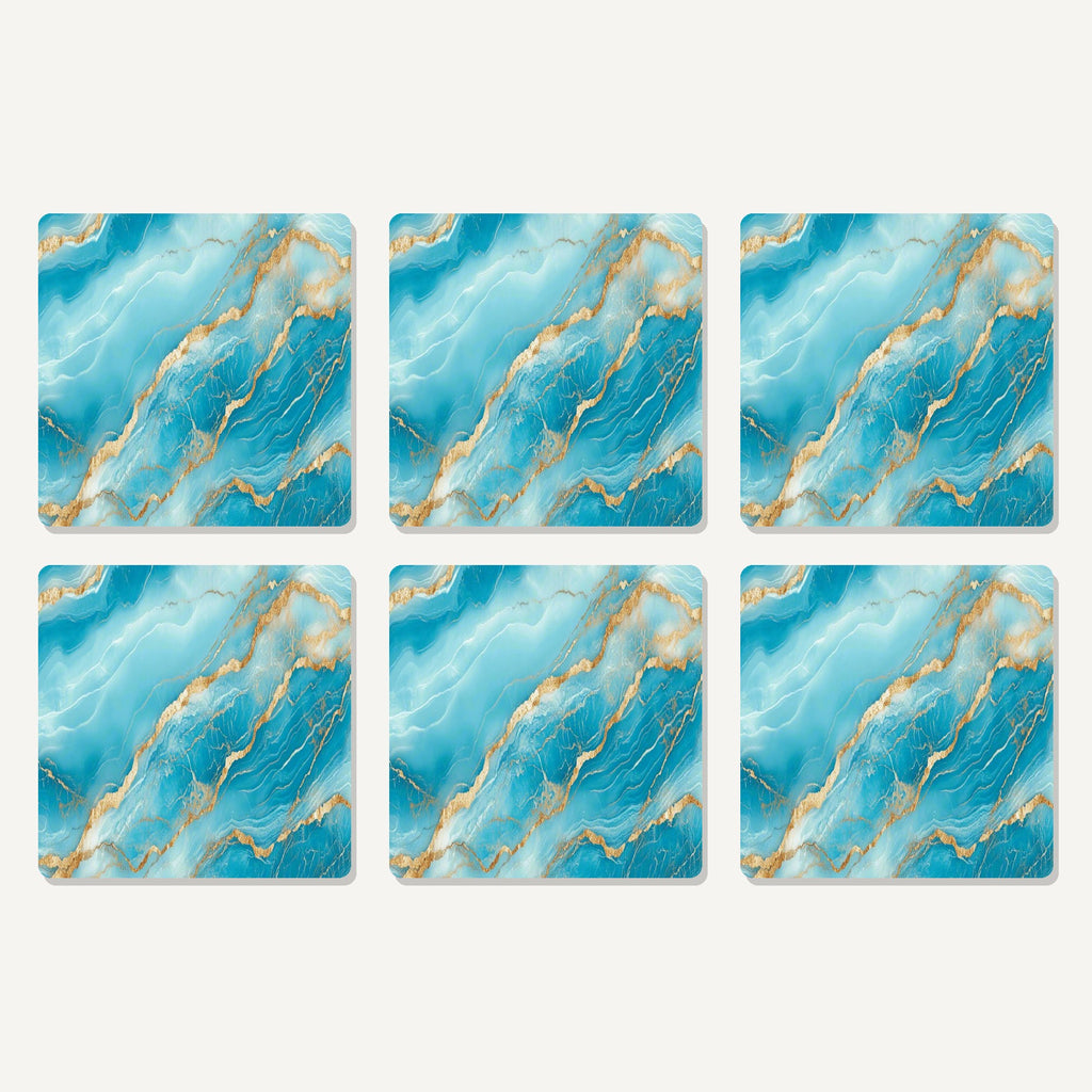 Flat lay of the turquoise & gold marble artwork on six square coasters
