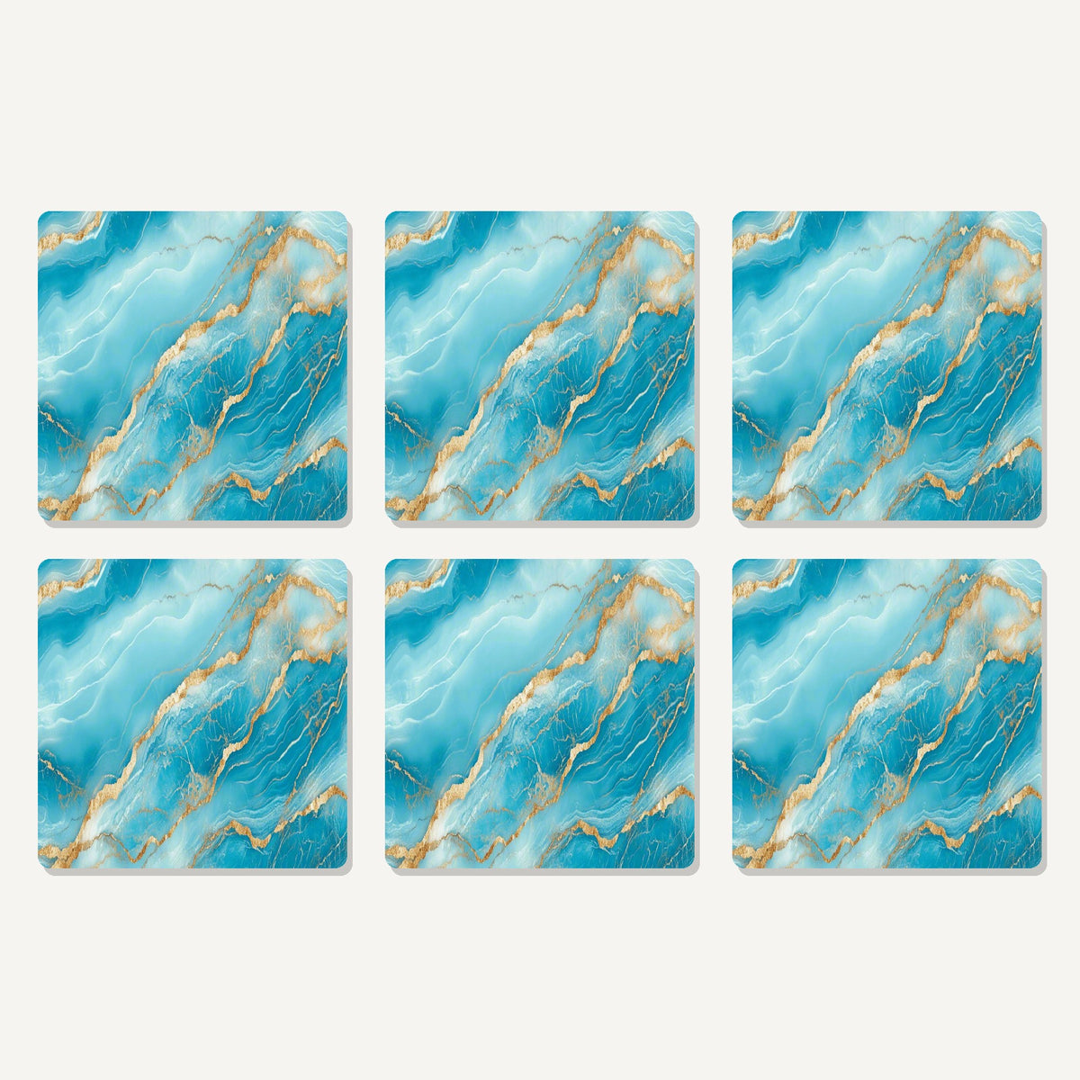 Flat lay of the turquoise & gold marble artwork on six square coasters