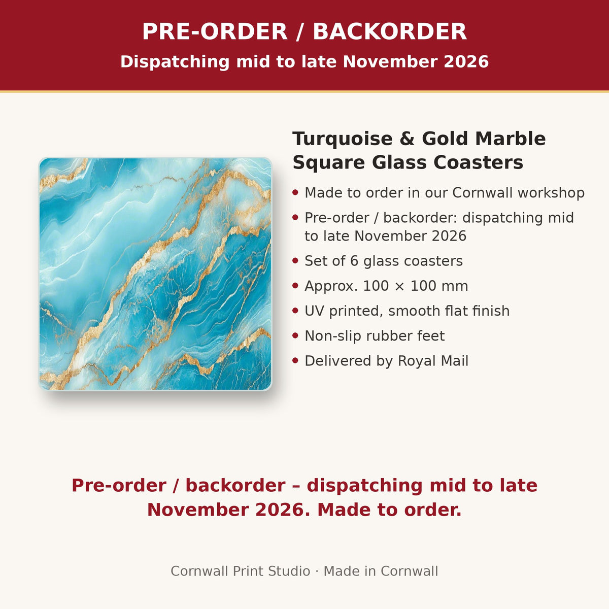 Info card: Turquoise & Gold Marble Square Glass Coasters – Set of 6, made to order, dispatching mid to late November 2026, delivered by Royal Mail