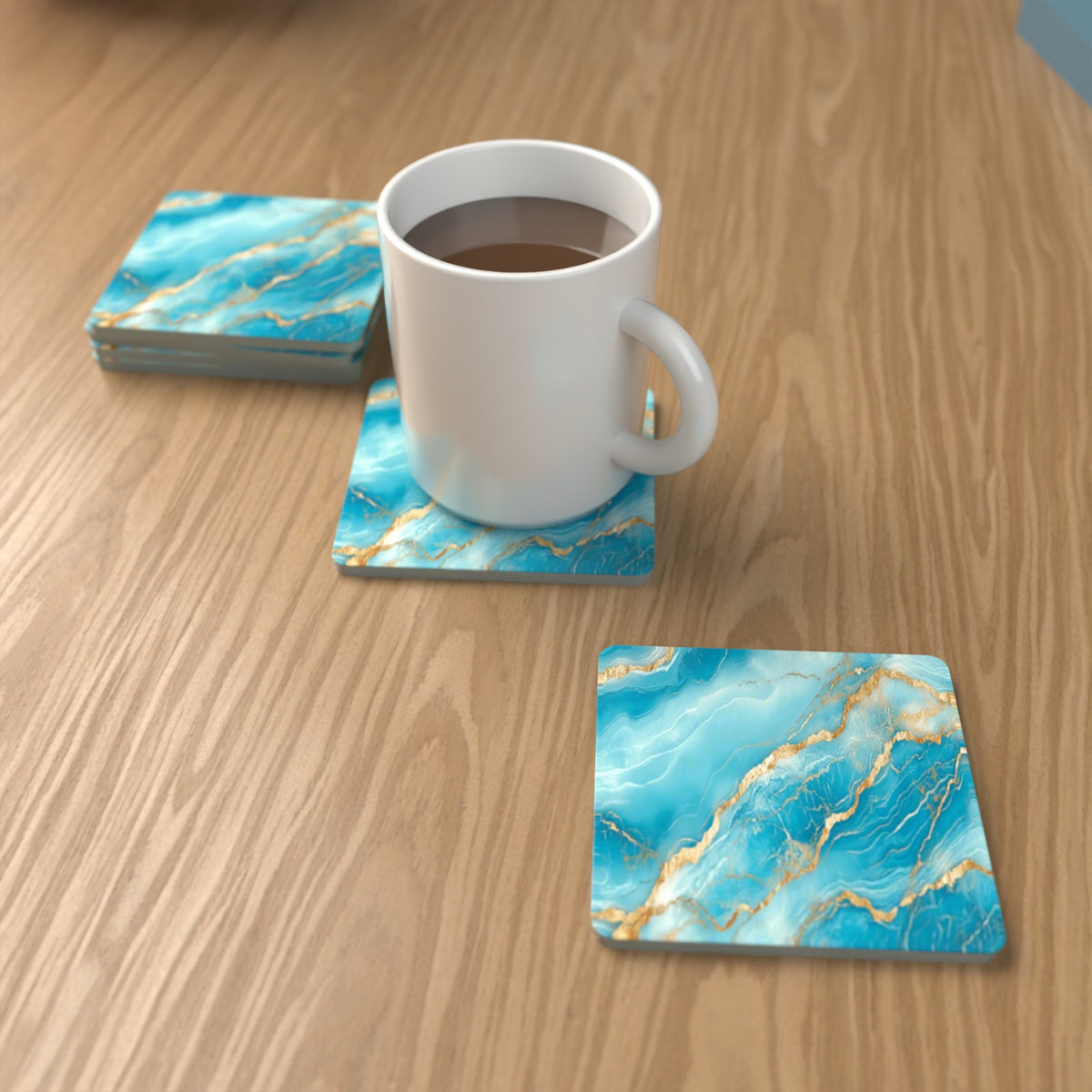 Turquoise & Gold Marble Square Glass Coasters – Set of 6 – lifestyle mockup with a mug of coffee